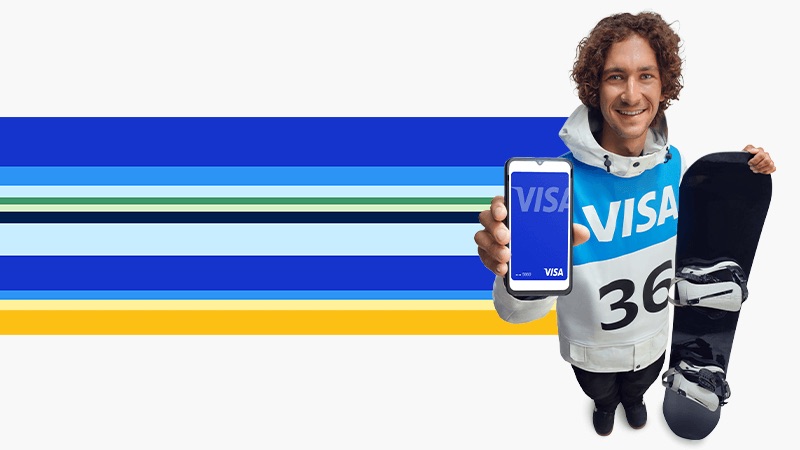 athlete holding phone with visa card 